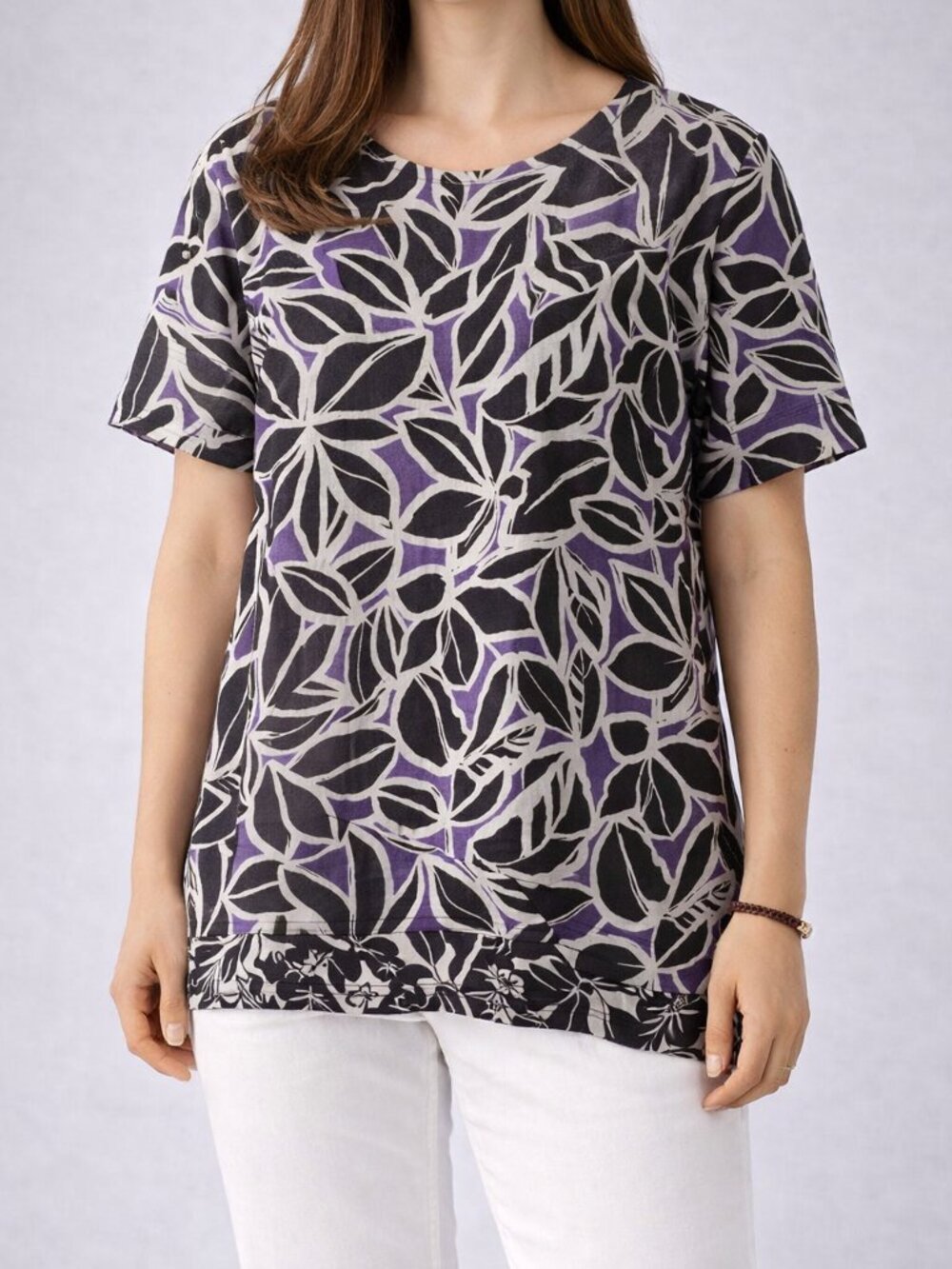 MaxMara Purple and Cream Leaf-Print Short Sleeve Linen Top size 10